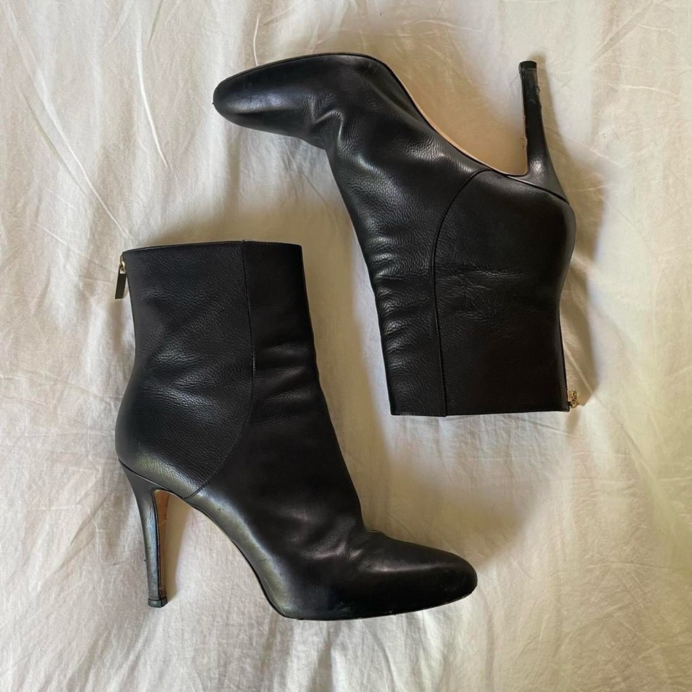 🖤 JIMMY CHOO • leather semi-point toe heeled ankle boots w gold hardware